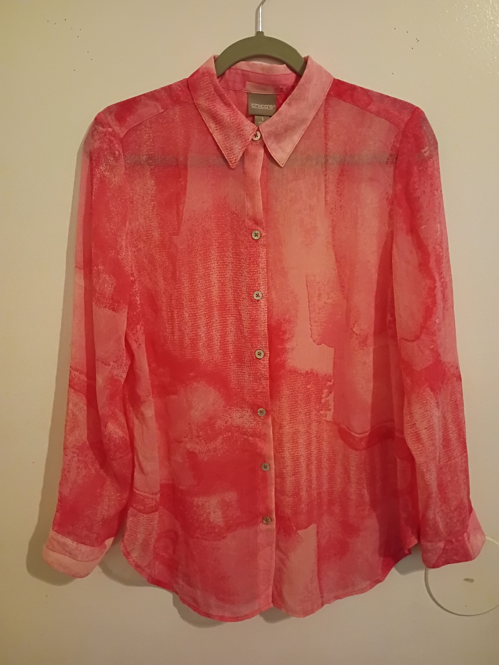 Chico's Coral Pink Sheer Button-up Blouse Sz 1 M‎